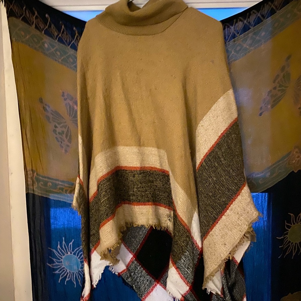 Cozy Tan Poncho with Multicolor Stripes